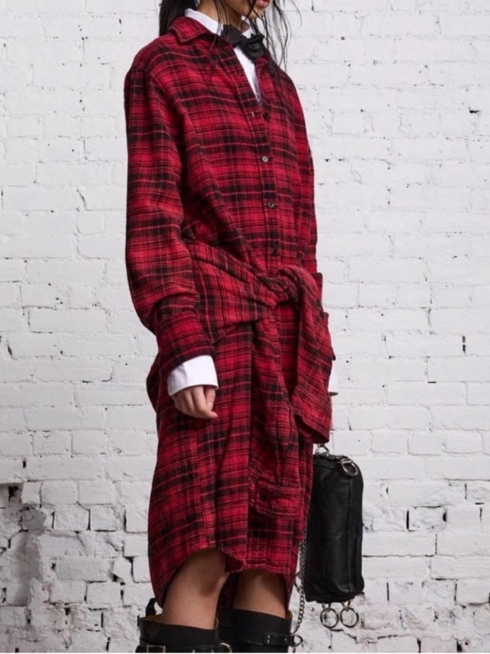 R13 Tie Waist Midi Shirt Dress - Red/Black Plaid Size XS - Picture 5 of 12